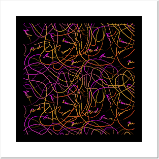 Abstraction with doodles in orange and violet colors Posters and Art